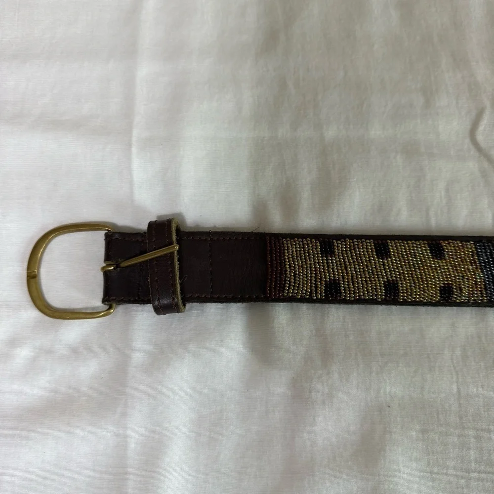 Brown Beaded Belt Handmade Leather Western Size 46 Neutral Colors Casual